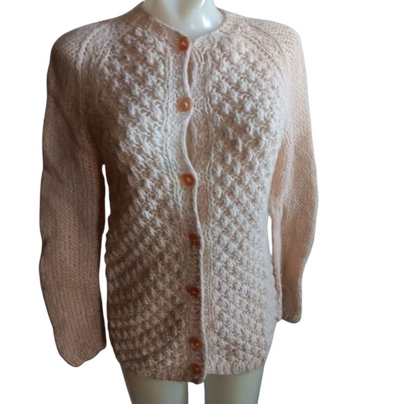 Womens Medium Vintage Handmade Italian Pink Knit Cardigan Wool Mohair Sweater - Picture 1 of 10